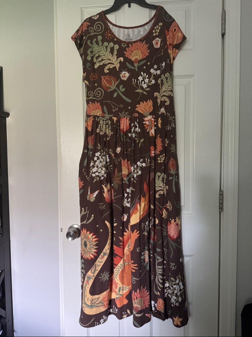 Brown Floral Maxi Dress with Orange & Green Botanical Print